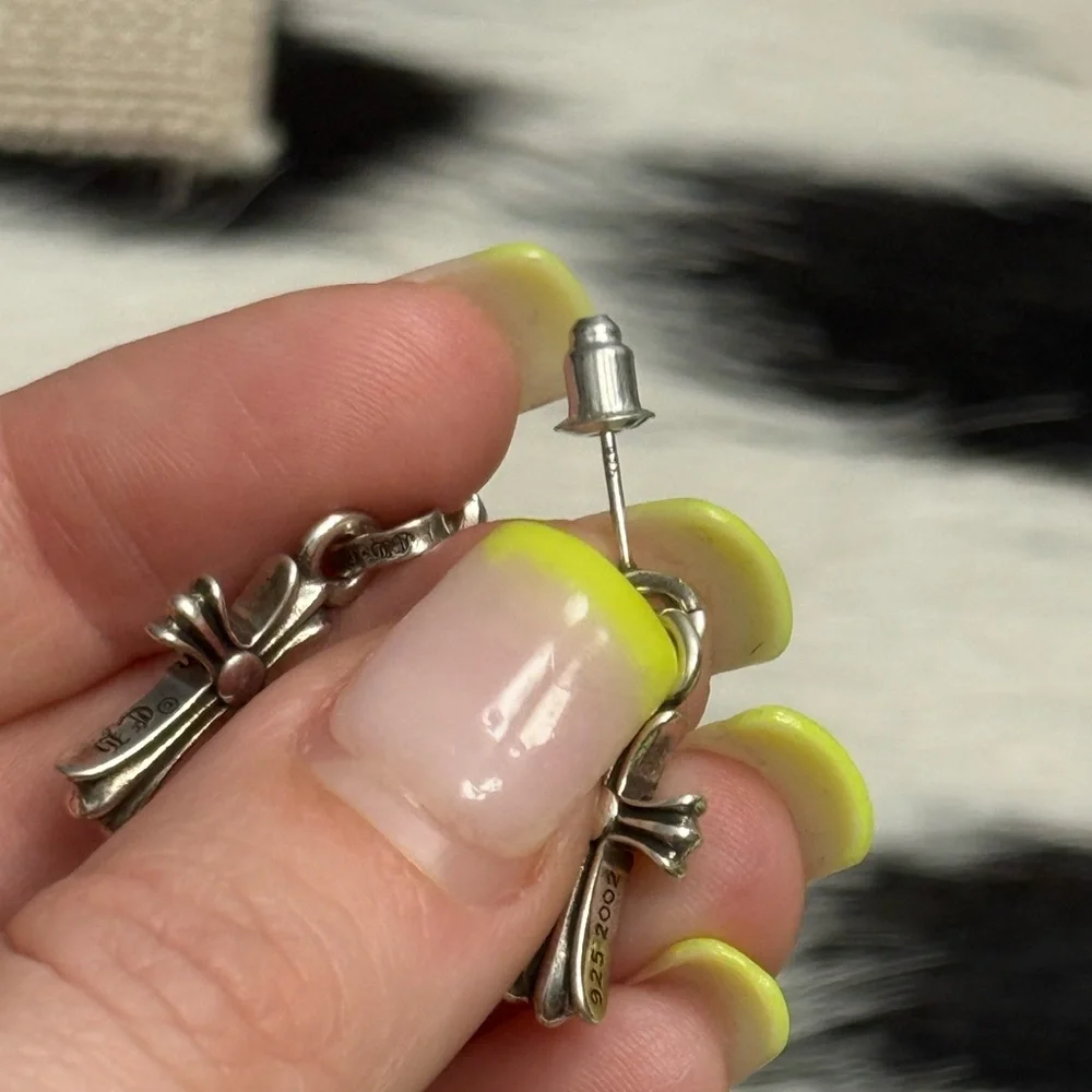 2002 Chrome Hearts Sterling silver Cross Post dangle earrings Pave Rhinestone - Picture 2 of 12